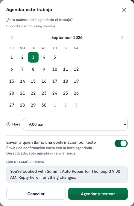 Agendando un trabajo en el portal de BeepBack: elige el día y la hora, y envíale a quien llamó una confirmación por texto
