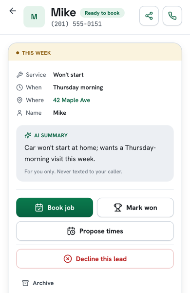 Mike’s lead opened on a phone: the job, Thursday morning, 42 Maple Ave, ready to book