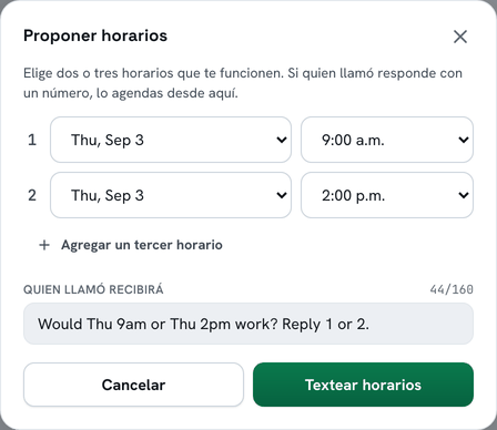 Proponiendo horarios en el portal de BeepBack: dos o tres opciones, y el texto exacto que recibirá quien llamó