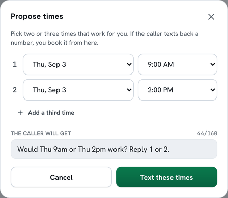 Proposing times in the BeepBack portal: two or three slots, and the exact text the caller will get